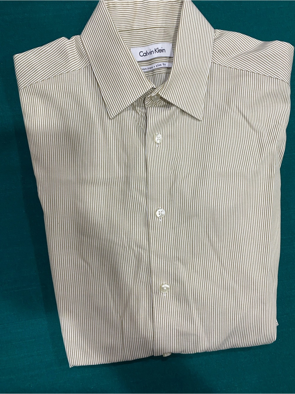 Calvin Klein Men's Slim Fit Striped Dress Shirt - White with Thin Tan Stripes